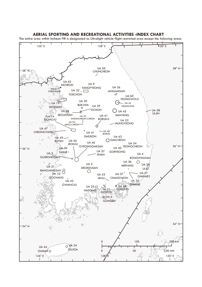 초경량비행장치 비행공역 위치도에 대한 정보. 기재된 내용은 하위내용 및 표 참조