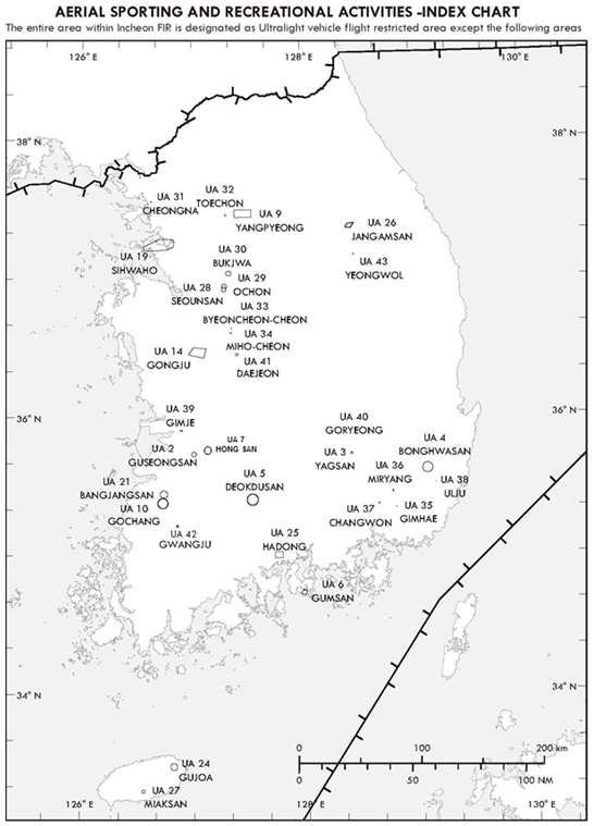 초경량비행장치 비행공역 위치도에 대한 정보. 기재된 내용은 하위내용 및 표 참조